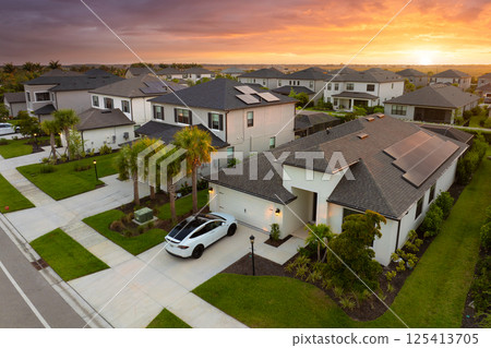 American gated community houses in rural US suburbs. View from above of large residential homes in small town in southwest Florida 125413705