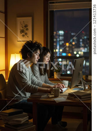 Japanese couple coding together at night (AI generated image) 125413736