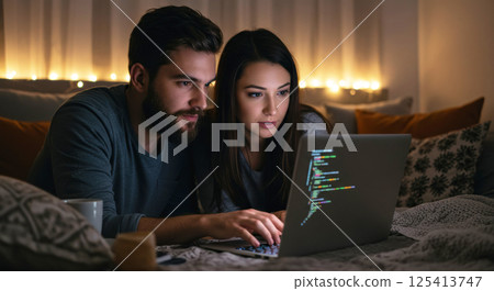 外國情侶晚上一起編碼（AI 生成圖像） 125413747