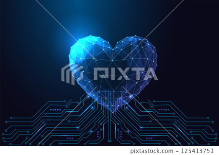 Digital heart and circuit board connection symbolizes AI emotion or health tech, vector illustration 125413751