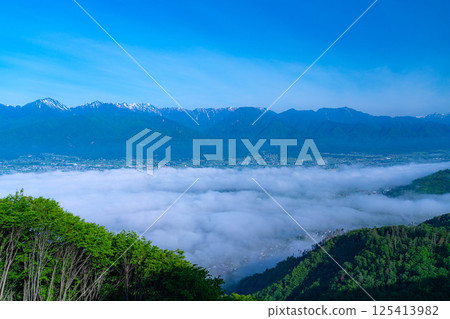 【雲海素材】從長峰山看到的初夏安曇野市的雲海【長野縣】 【雲海素材】從長峰山看到的初夏安曇野市的雲海【長野縣】 125413982