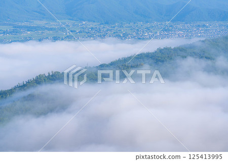[Sea of clouds material] Sea of clouds in Azumino City in early summer seen from Mount Nagamine [Nagano Prefecture] 125413995