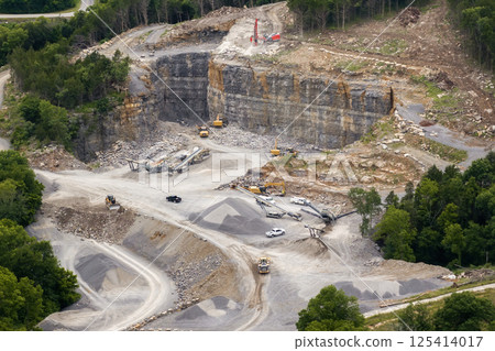 Aerial view of open pit mining site of limestone materials extraction for construction industry 125414017