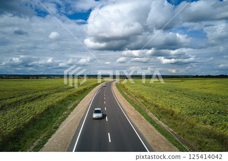 Aerial view of intercity road between green agricultural fields with fast driving car. Top view from drone of highway traffic 125414042