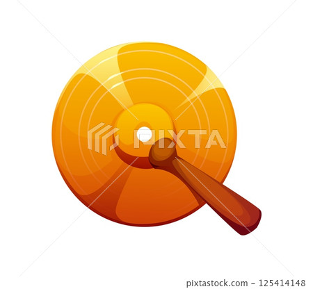 Cartoon musical font letter Q as a cymbal with wooden drumstick, music instrument typeface, entertainment type. English alphabet. Isolated vector percussive rhythmic musician abc typography character 125414148