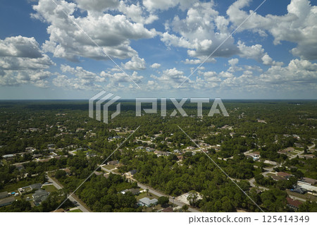 Aerial landscape view of suburban private houses between green palm trees in Florida quiet rural area 125414349