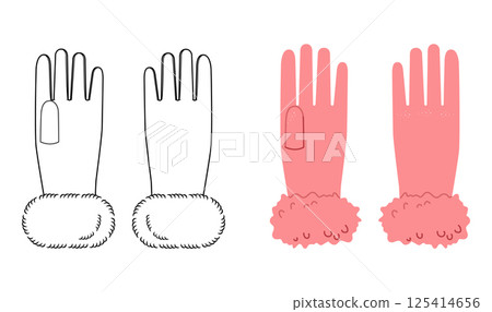 Fur Gloves Wrist Above length pink cartoon and mockup sketch Fashion hand accessory clothing technical illustration 125414656