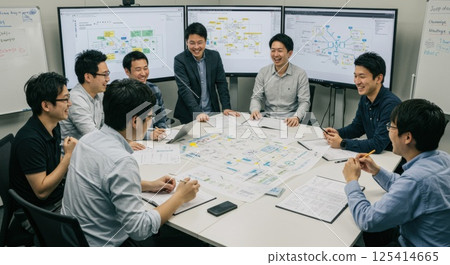 Smiling Japanese team checking a project (AI generated image) 125414665