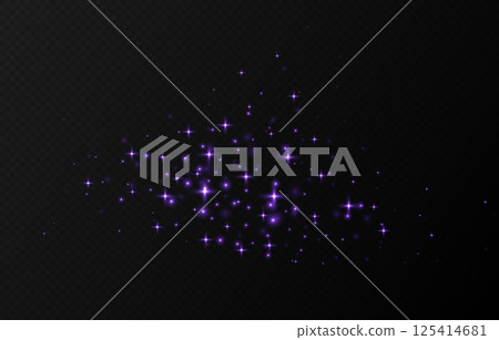 Purple sparkling stars, shiny particles light effect, transparent flying stardust texture 125414681