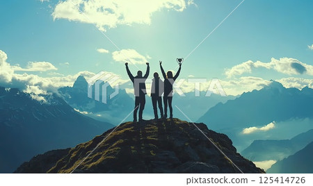 People are standing hand in hand on a mountain in unity 125414726