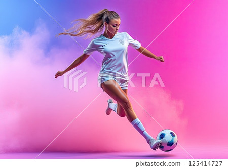 A young woman is kicking a soccer ball on a colorful background 125414727