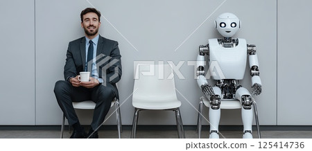 A man in a suit sits next to a robot, talking or observing it 125414736