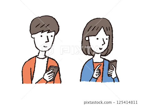 Man and woman touching mobile phone (black hair) Man and woman touching mobile phone (black hair) 125414811