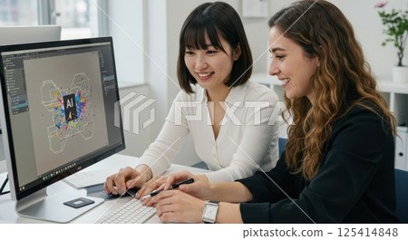 Asian and foreign women creating AI prompts together (AI generated image) 125414848