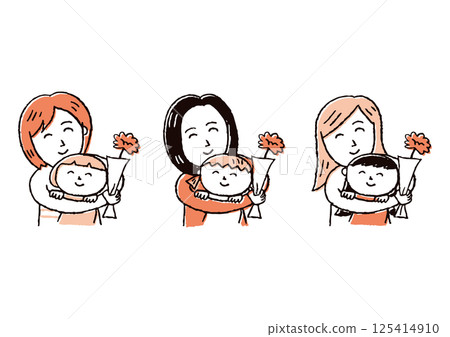 Girl and mother hugging with carnations on Mother's Day 125414910