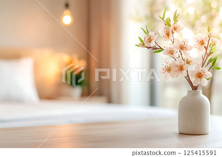 white vase with flowers on wooden table 125415591