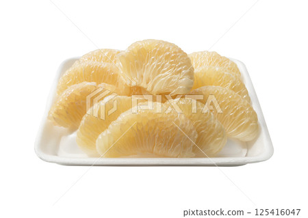 Slice Pomelo Pulp with Foam Tray Isolated On White Background Slice Pomelo Pulp with Foam Tray Isolated On White Background 125416047