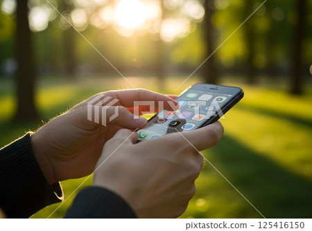 夕陽下的公園裡,一個人操作智慧型手機的特寫 6 AI 產生的圖像 夕陽下的公園裡,一個人操作智慧型手機的特寫 6 AI 產生的圖像 125416150