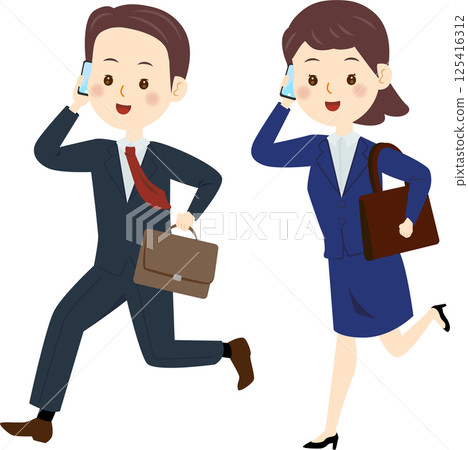 Businessman and businesswoman running to make a phone call Businessman and businesswoman running to make a phone call 125416312
