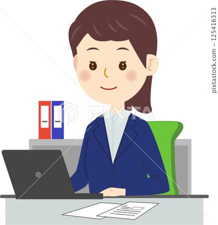 A woman in a suit operating a personal computer A woman in a suit operating a personal computer 125416313