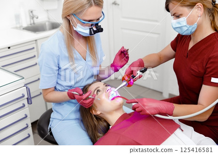 dentist concept, dental explorer, Stomatology cabinet, dental tools, examination patient, dental procedure, professional orthodontic clinic 125416581
