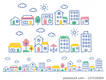 Landscape with buildings, cafes, trees and clouds_color 125416809