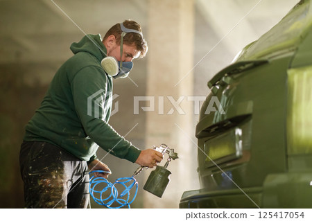 A man in protective gear is painting a car using a spray gun in a well-lit workshop. The atmosphere is busy with tools and equipment in the background, emphasizing an active work environment. A man in protective gear is painting a car using a spray gun in a well-lit workshop. The atmosphere is busy with tools and equipment in the background, emphasizing an active work environment. 125417054