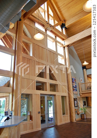 Modern Rustic Lodge Interior with High Wooden Ceilings Modern Rustic Lodge Interior with High Wooden Ceilings 125417383