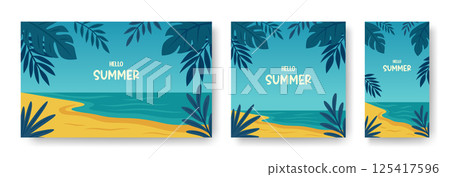 Hello Summer. Vector Beach Illustrations Set. Tropical Leaves, Sea and Sand. Flat Cartoon Vector Background for Seasonal Poster, Travel Banner, Holiday Card, Vacation Concept, Summer Greeting Design 125417596