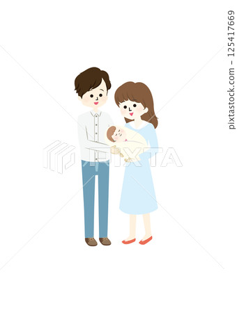 Illustration of a young couple holding a baby Illustration of a young couple holding a baby 125417669