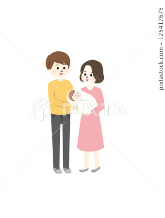 Illustration of a happy couple holding a baby 125417675