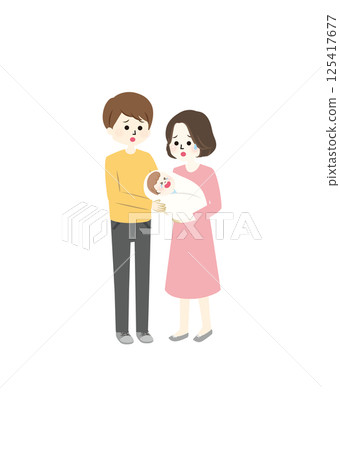 Illustration of a father and mother holding a crying baby 125417677