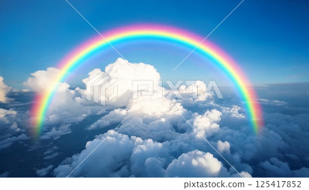 3DCG 插圖從無人機或飛機的角度展示天空中懸掛的彩虹和清爽的藍天 3DCG 插圖從無人機或飛機的角度展示天空中懸掛的彩虹和清爽的藍天 125417852