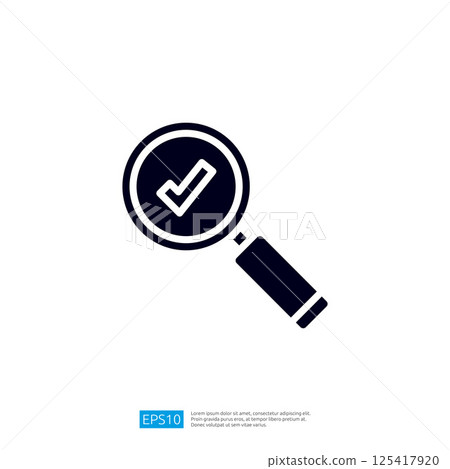 A magnifying glass with a checkmark symbol, representing verification, approval, or confirmation. Illustration icon A magnifying glass with a checkmark symbol, representing verification, approval, or confirmation. Illustration icon 125417920