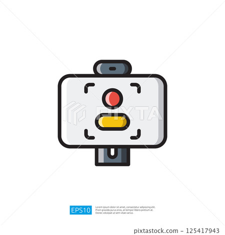 a simple, stylized camera icon featuring a red recording light and a yellow button, representing video recording or photography. Artificial Intelligence Icon 125417943