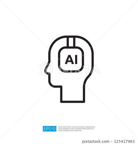 A minimalist illustration of a human head with headphones labeled AI symbolizing the integration of artificial intelligence and human cognition. 125417963