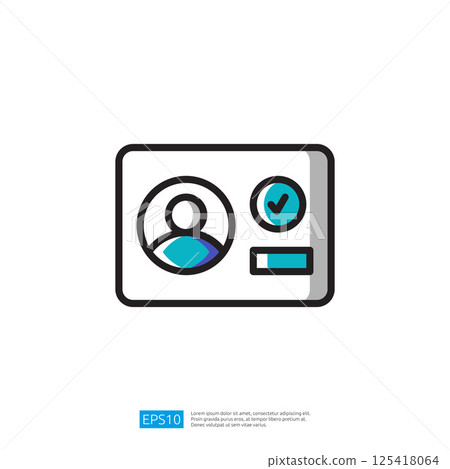 A simple illustration icon of an identification card featuring a person silhouette, a checkmark, and a bar, symbolizing verification or authentication. 125418064