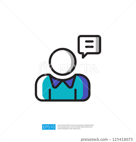 A minimalist illustration icon of a person with a speech bubble, symbolizing communication or conversation 125418073