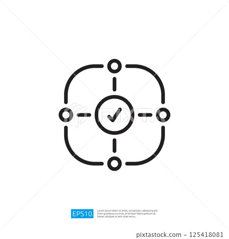 a simple line icon representing a network or system with a checkmark at the center, symbolizing validation or approval within a connected structure. 125418081