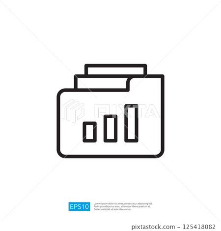 A simple line drawing of a folder with documents and a bar graph, representing data organization and analysis. Illustration icon 125418082