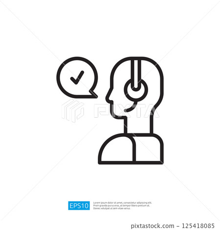 A line drawing of a person wearing a headset, speaking with a checkmark in a speech bubble, symbolizing communication or customer service. Illustration icon A line drawing of a person wearing a headset, speaking with a checkmark in a speech bubble, symbolizing communication or customer service. Illustration icon 125418085