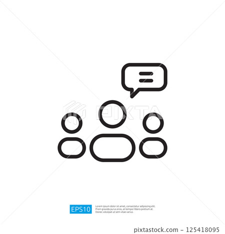 three people, with one speaking or sharing information, indicated by a speech bubble. Illustration line icon 125418095