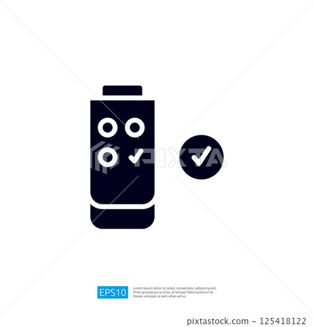 A simple graphic representation of a beverage container with checkmarks, indicating approval or confirmation. Illustration icon A simple graphic representation of a beverage container with checkmarks, indicating approval or confirmation. Illustration icon 125418122