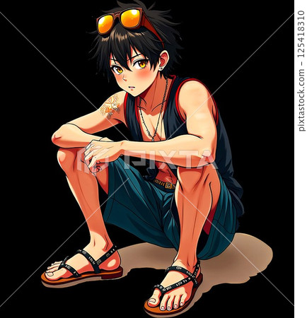[Illustration material] Showa era delinquent boy A/Ready to fight! A boy in sandals with a gang leader-like personality (black background) 125418310