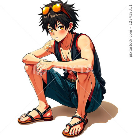 [Illustration material] Showa era delinquent boy A / Ready to fight! A boy in sandals with a gang leader-like personality (white background) 125418311
