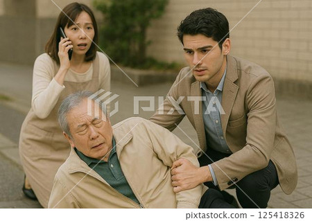 Emergency in the city! People helping an elderly person who has collapsed 125418326