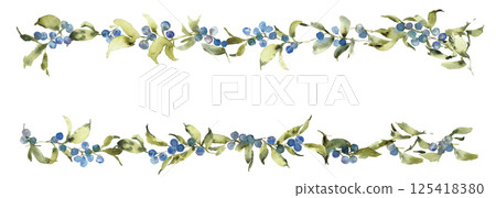 Watercolor painting. Watercolor illustration of blueberries. Vector background of blueberries and green plants. Summer. 125418380