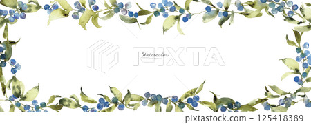水彩畫。水彩藍莓插圖。向量背景與藍莓和綠色植物。夏天。 125418389