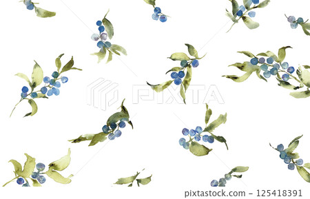 水彩畫。水彩藍莓插圖。向量背景與藍莓和綠色植物。夏天。 125418391