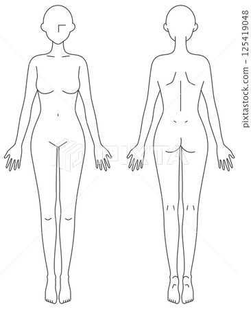 Simple line drawing illustration of a woman (front and back) 125419048